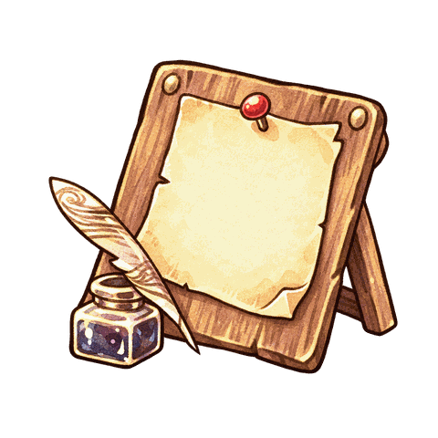 A mission note pinned to a notice board, with a quill