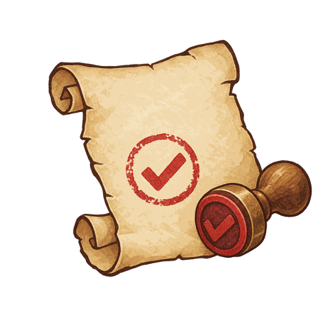 A mission note with a check-mark stamp