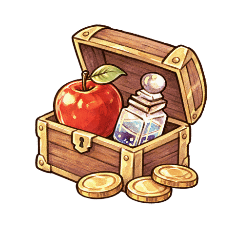 A treasure chest with an apple, a potion, and gold coins